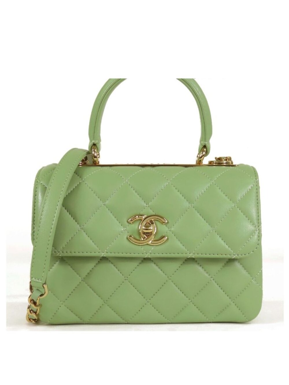 Chanel Top Handle Flap Bag Sage Green Gold Leather 2-Way